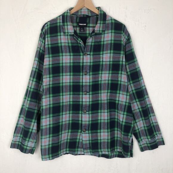 LANDS END‎ Flannel Pajamas Men's Sz L Blue Green Plaid 100% Cotton Button Up Set - Picture 2 of 16